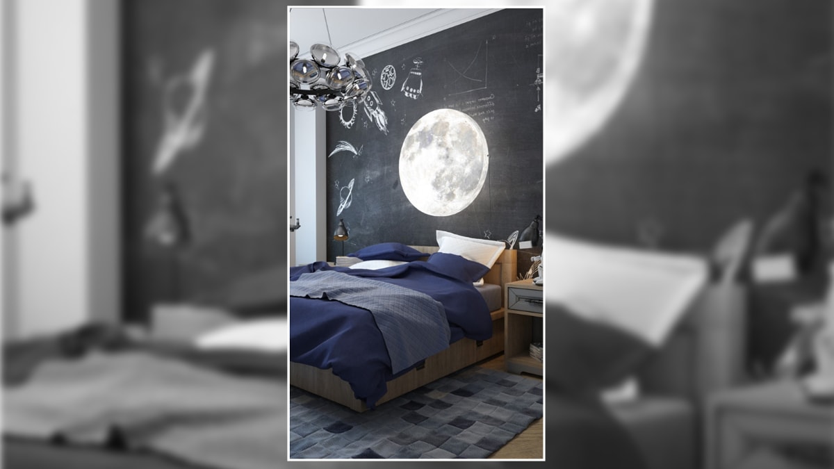 a moon theme wall light displayed as a bedroom wall décor idea.