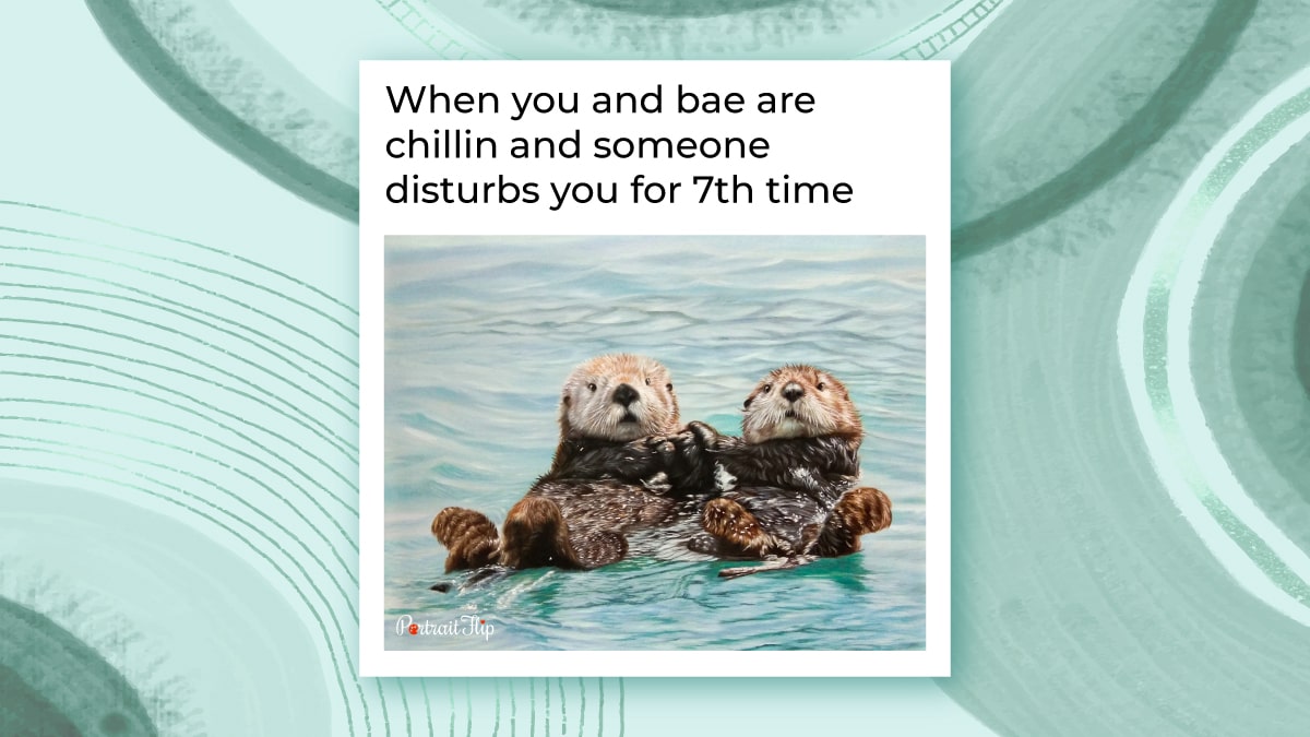 A painting of two otters holding hands while drifting in the sea