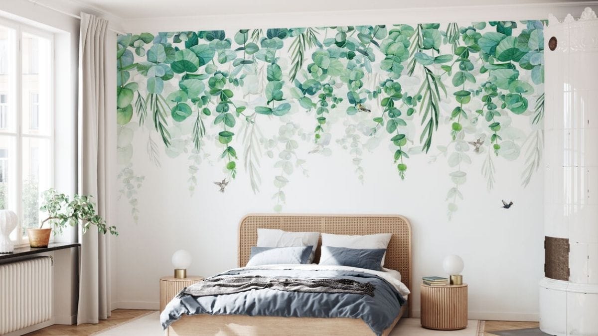 a hand painted mural shown as a bedroom wall décor.