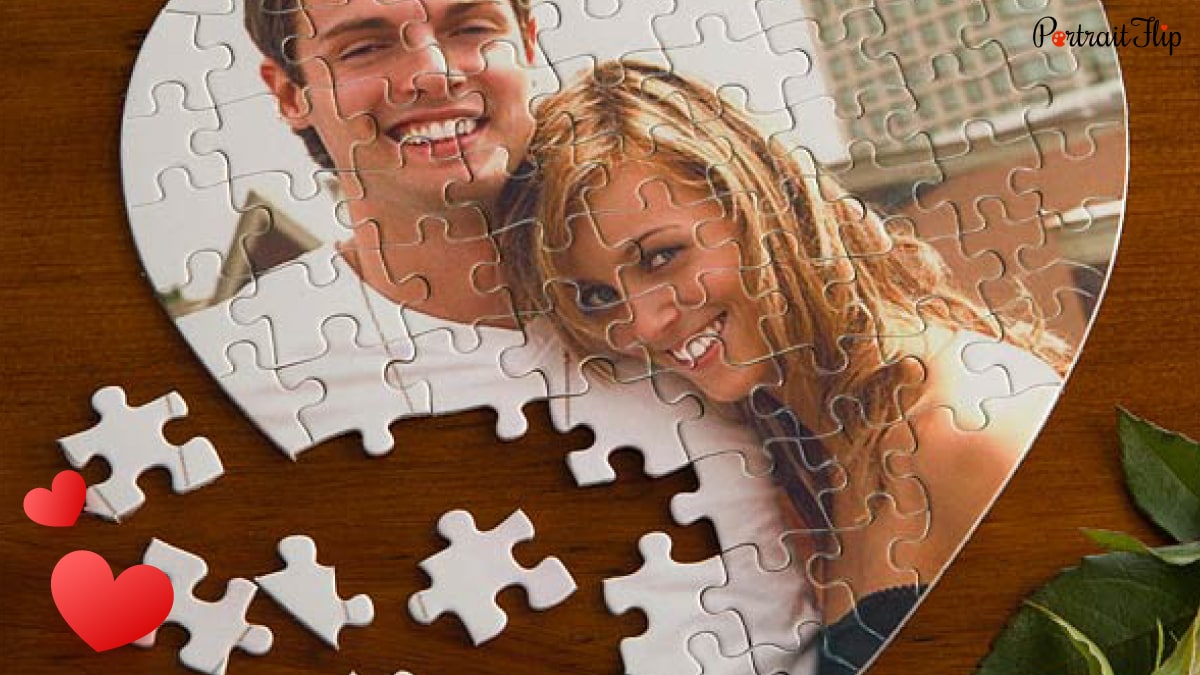 a heart shaped photo puzzle of a couple. 