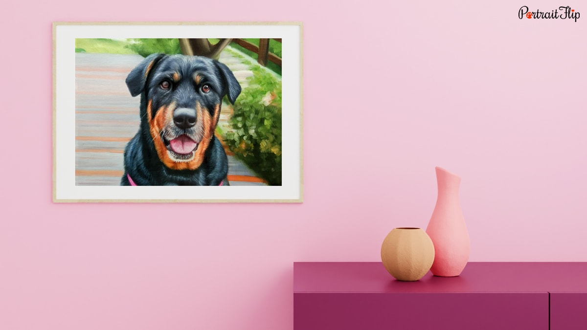 A custom handmade pet portrait of a dog that is made by PotraitFlip's artist is hanged on wall to complement valentine's day pink scheme decor