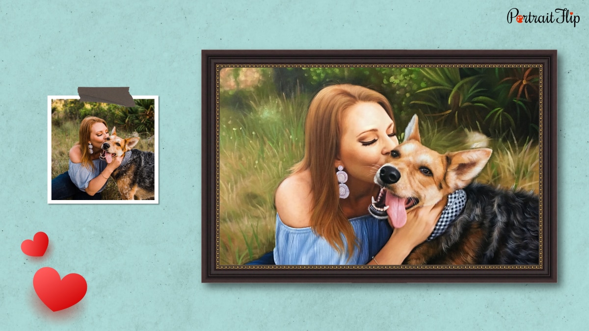 a photo of a woman kissing her dog is made into an oil painting by the artists of portraitflip