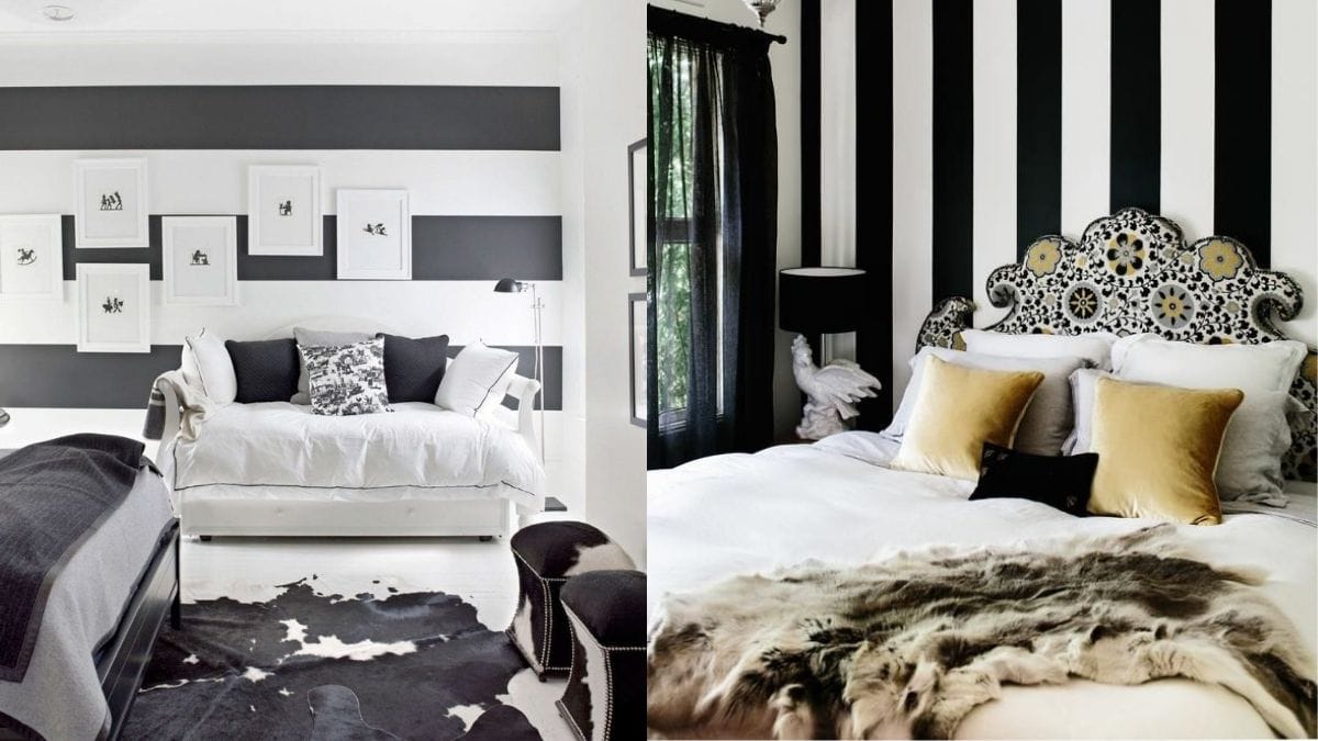 a bedroom wall painted with black and white stripes to enhance the bedroom wall décor.