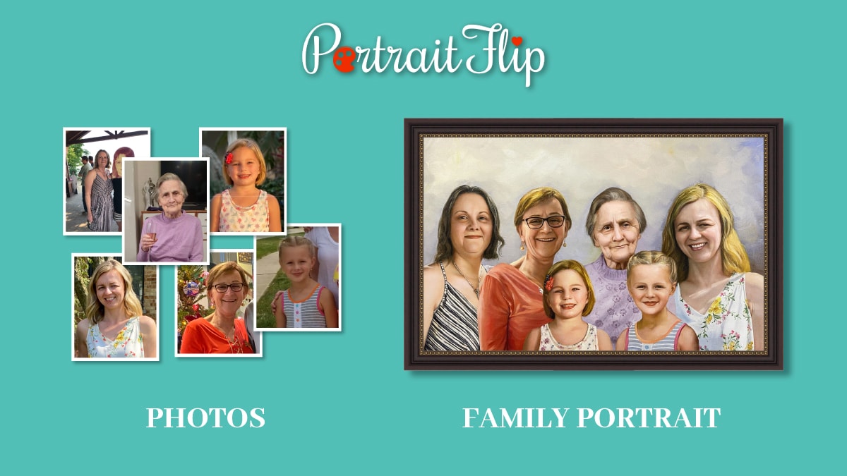 A website similar to PaintYourLife: A handmade family portrait made with different family photos by the artists of PortraitFlip