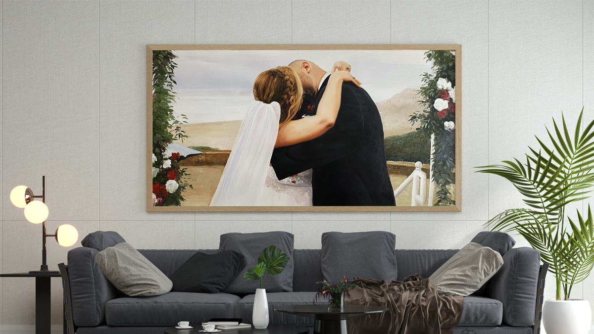A beautiful interior wall decorated with one of PortraitFlip's customer's kiss portrait of a couple kissing on their wedding day on the chapel.