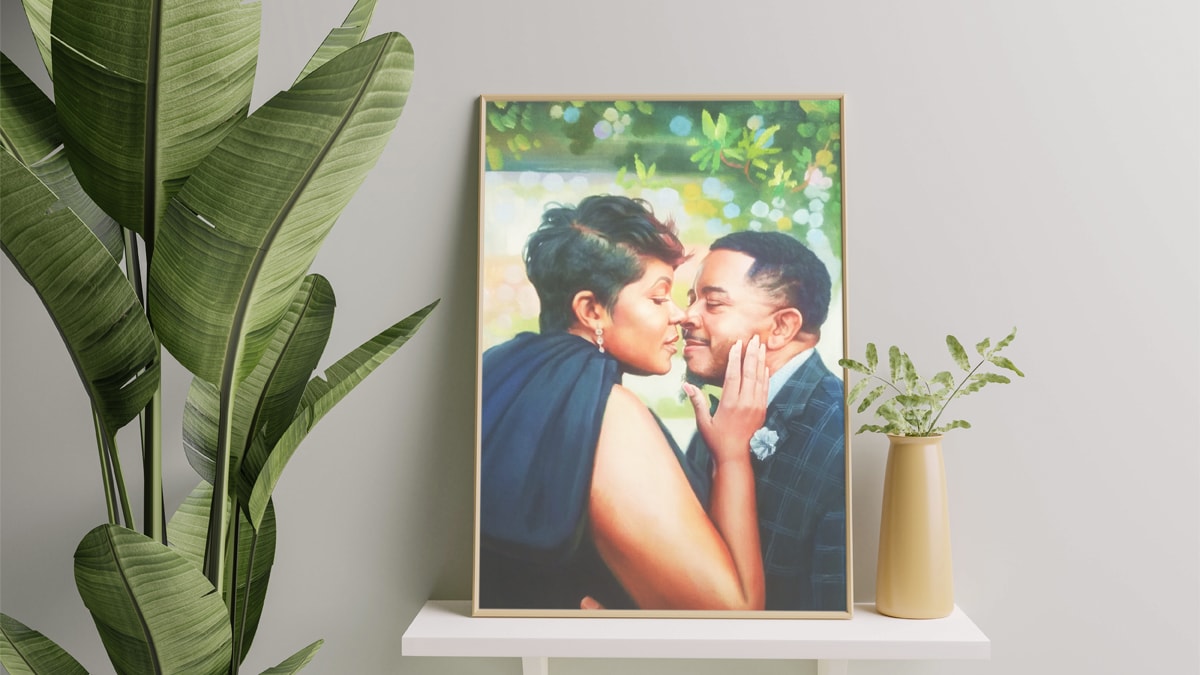 A beautiful interior wall decorated with one of PortraitFlip's customer's kiss portrait of a couple who is about to kiss.