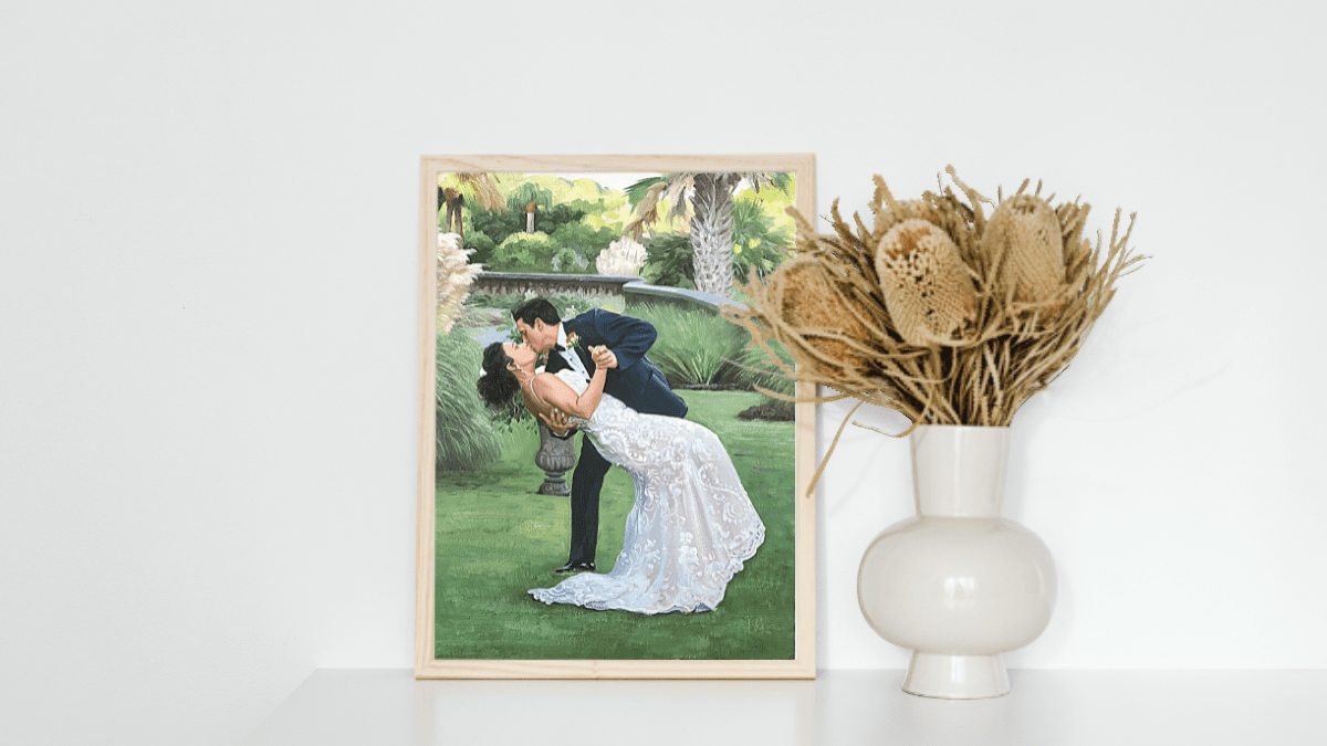 A beautiful interior wall decorated with one of PortraitFlip's customer's kiss portraits where the couple is kissing each other on their wedding day.