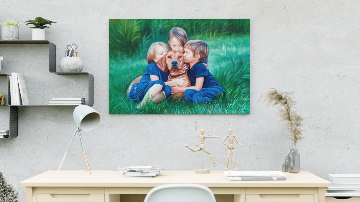 A beautiful interior wall decorated with one of PortraitFlip's customer's kiss portrait of three kids kissing their beloved dog.