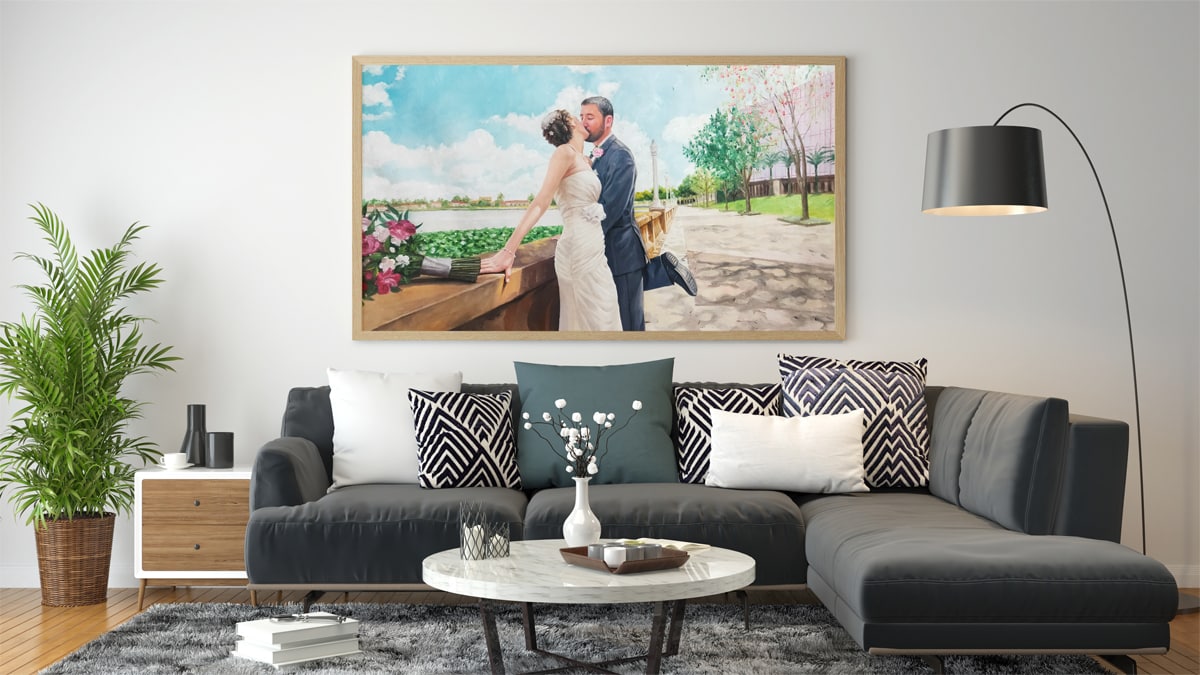 A beautiful interior wall decorated with one of PortraitFlip's customer's kiss portrait of a couple couple kissing on their wedding day.