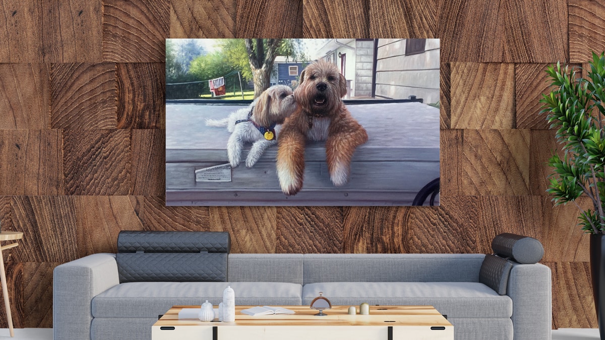 A beautiful interior wall decorated with one of PortraitFlip's customer's dogs kissing each other on a porch.