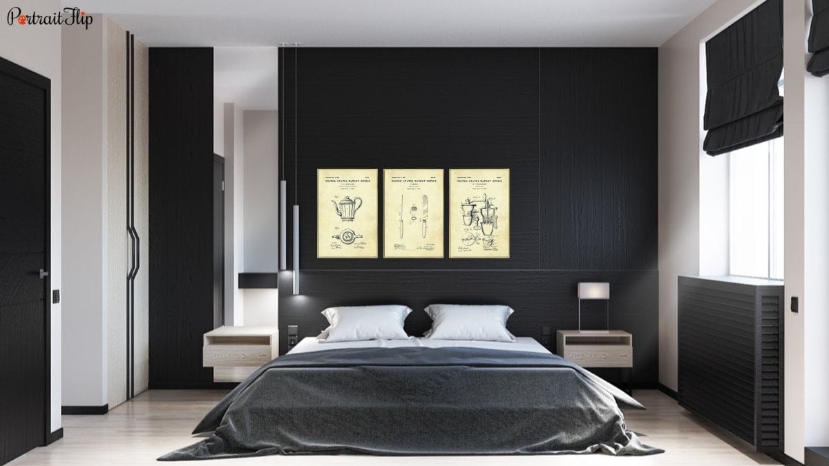 reused patented plans framed and used as one of the ideas for bedroom wall decor. 