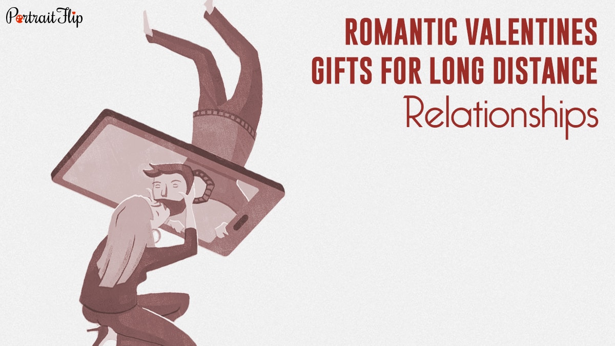 a couple together yet apart celebrating Valentine's day virtually with the words romantic valentines gifts for long distance relationships.