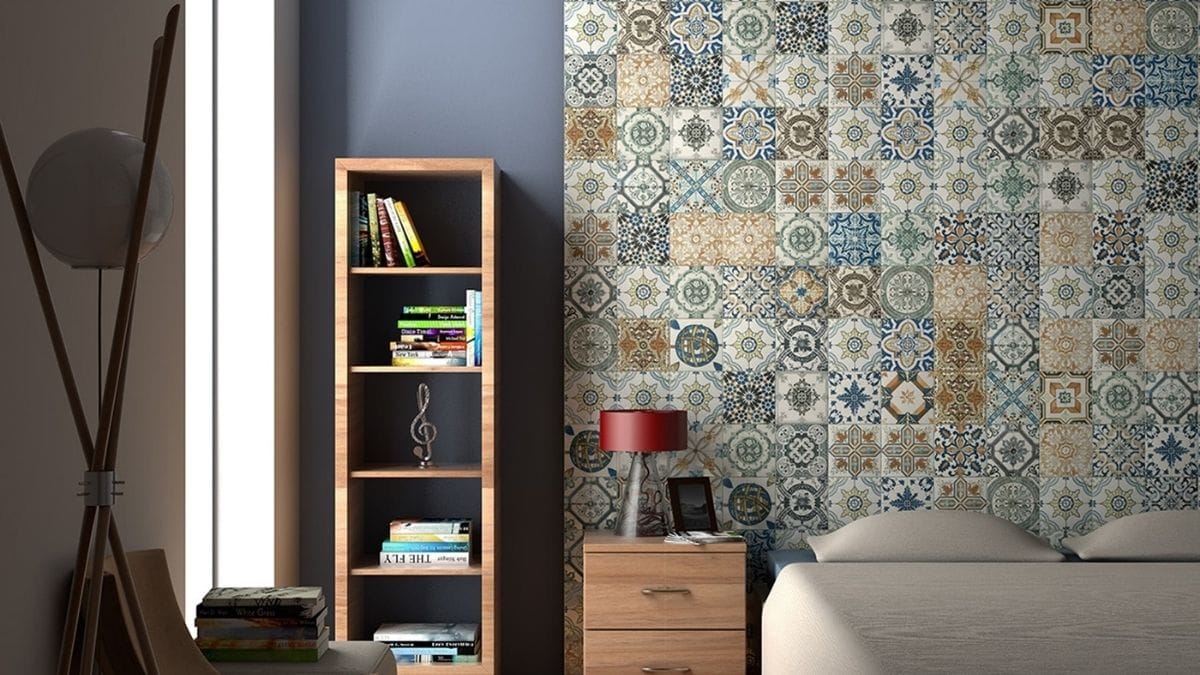 beautiful collage of tiles on a wall of a bedroom shown as a bedroom wall décor.
