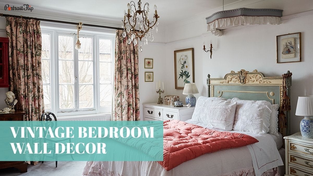 A beautiful vintage bedroom interior that has frames as wall décor as one of the ideas for vintage bedroom wall décor.