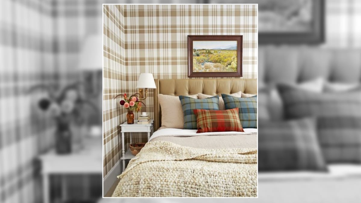 a plaid wallpaper displayed as a vintage wall décor ideas for bedroom.