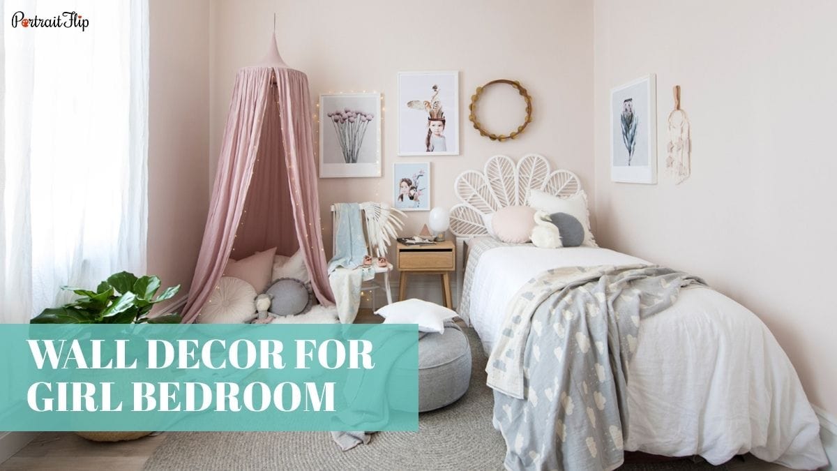 A beautiful girly bedroom interior that has a girl's multiple photos as a wall décor as one of the ideas for wall décor for girl bedroom.