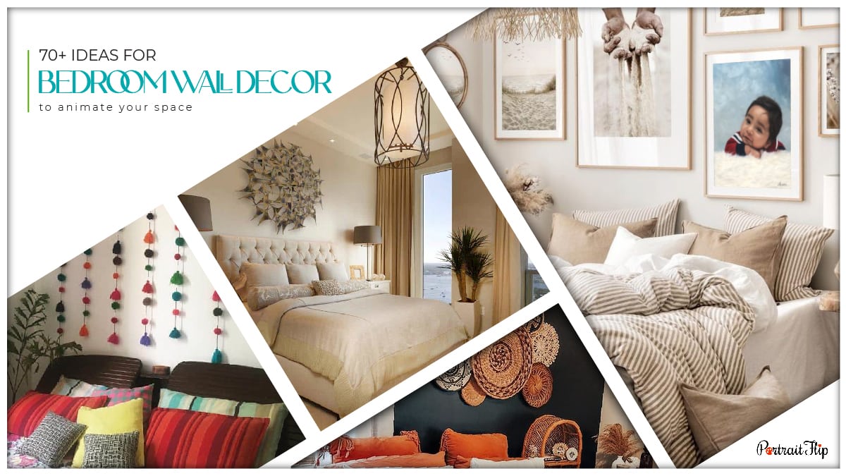 various ideas of beautiful bedroom wall shown as options with the text saying 70+ ideas for bedroom wall décor