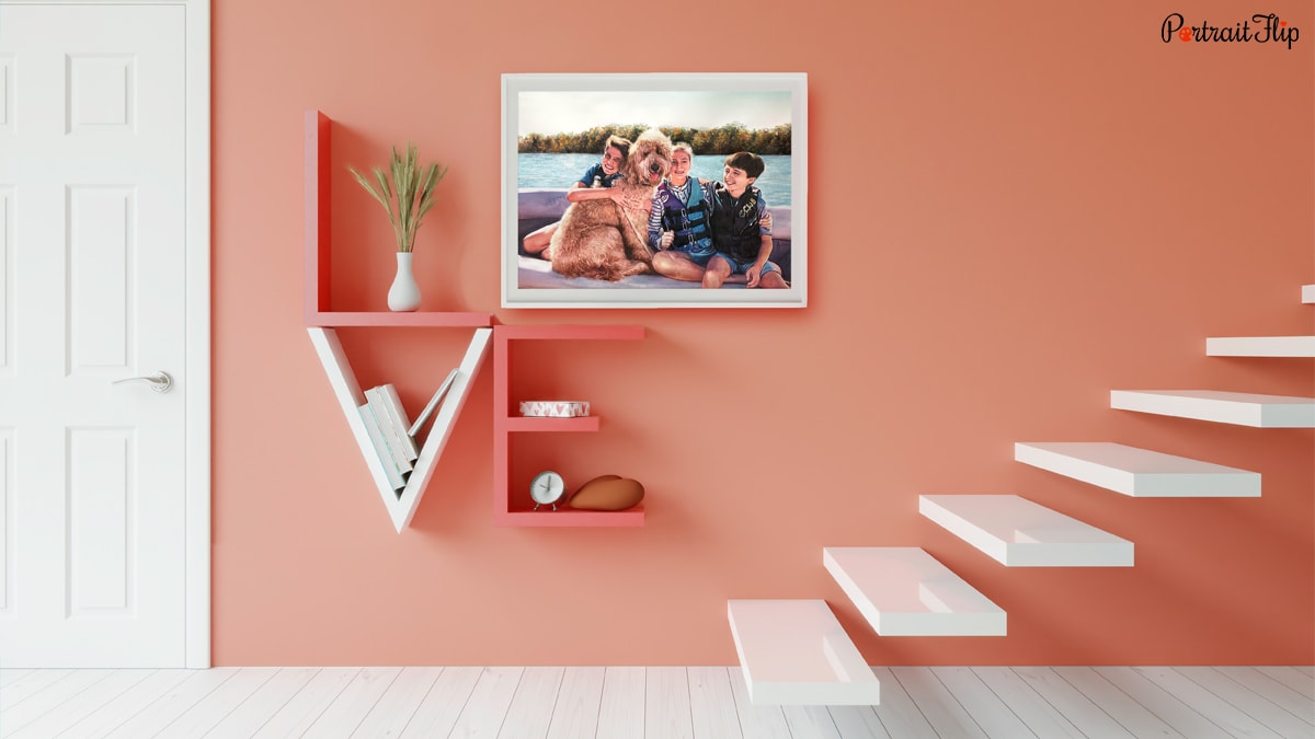 A watercolor family portrait made by the artist of Portraitflip is hanged on wall by the stairs. 