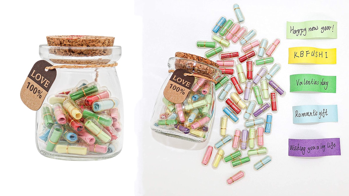 love capsules that have love messages in them shown as one of the gifts for long distance relationships.