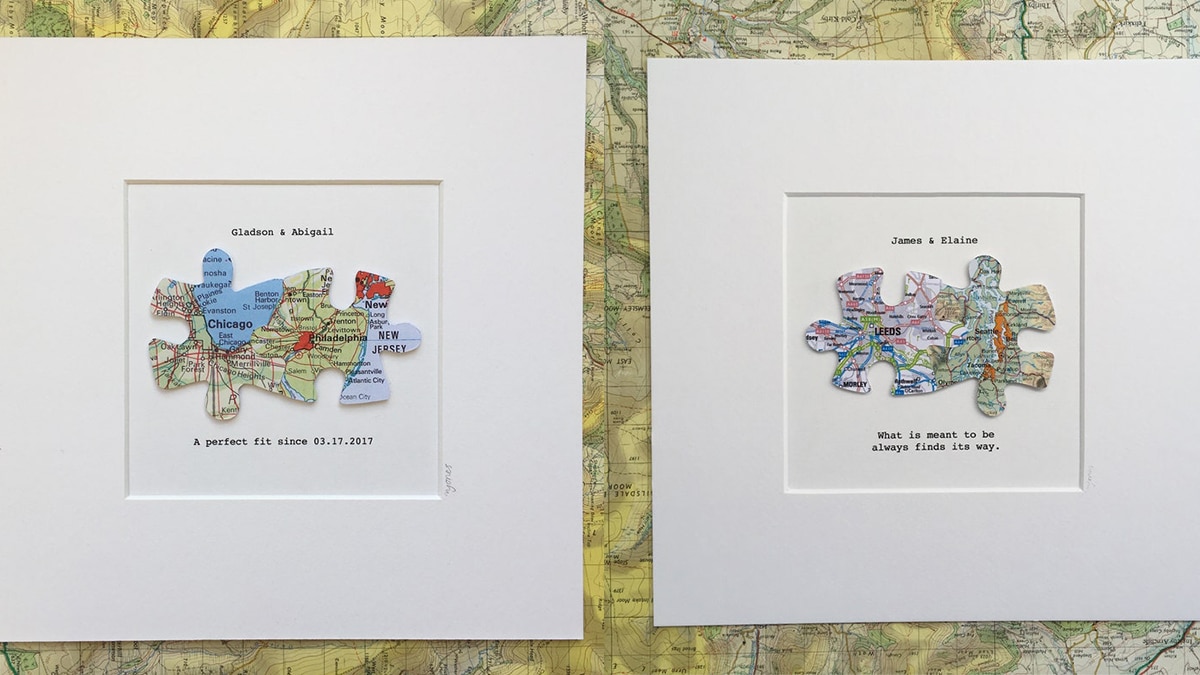 map jigsaw puzzle of a couple's homes in different place shown as one of the gifts for long distance relationships
