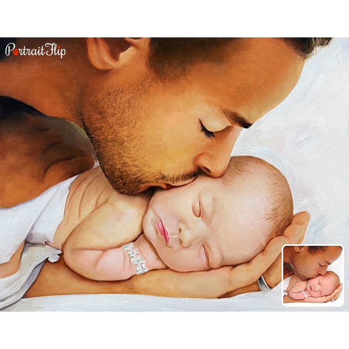 newborn baby and father oil painting
