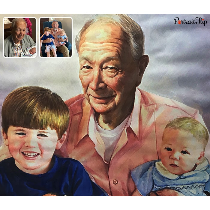 grandfather and kids watercolor painting