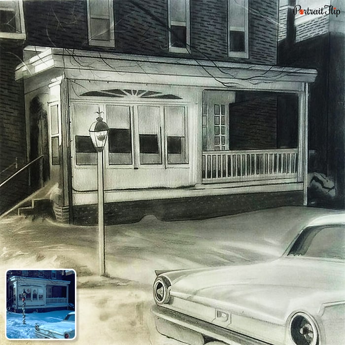 house and car pencil sketch