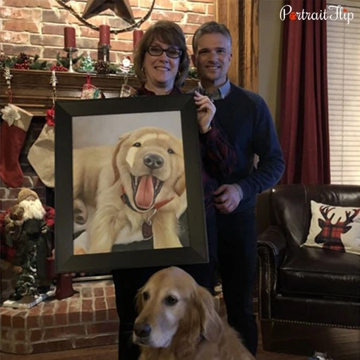 happy customer and dog with his portrait