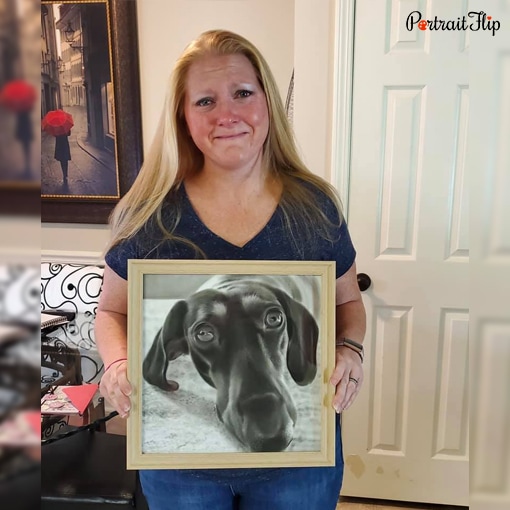 happy customer with dog charcoal drawing