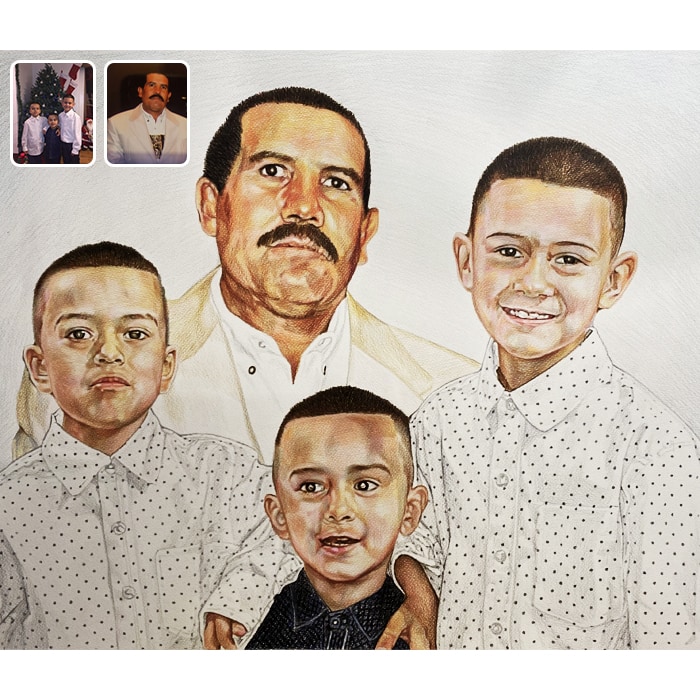 man and three kids colored pencil drawing