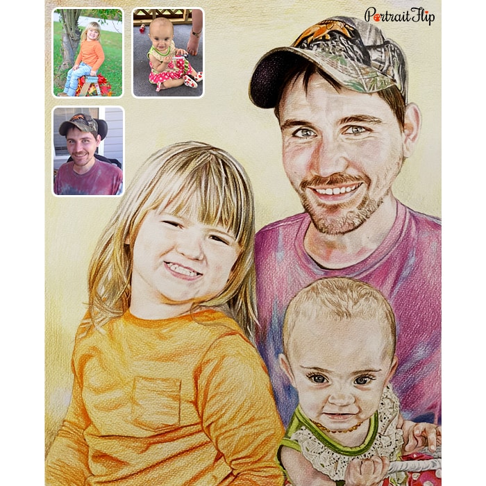 father and 2 kids colored pencil drawing