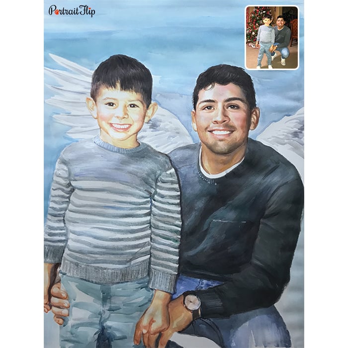 son and father watercolor portrait