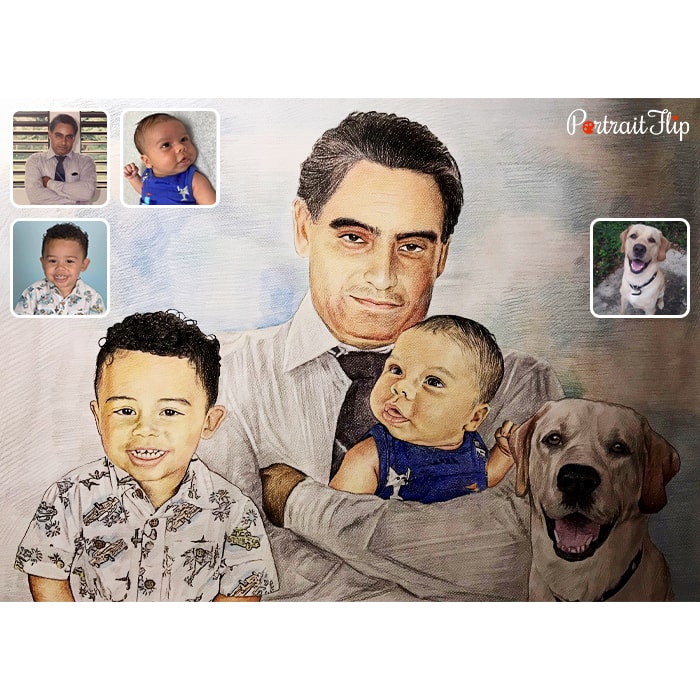 family and dog colored pencil drawing