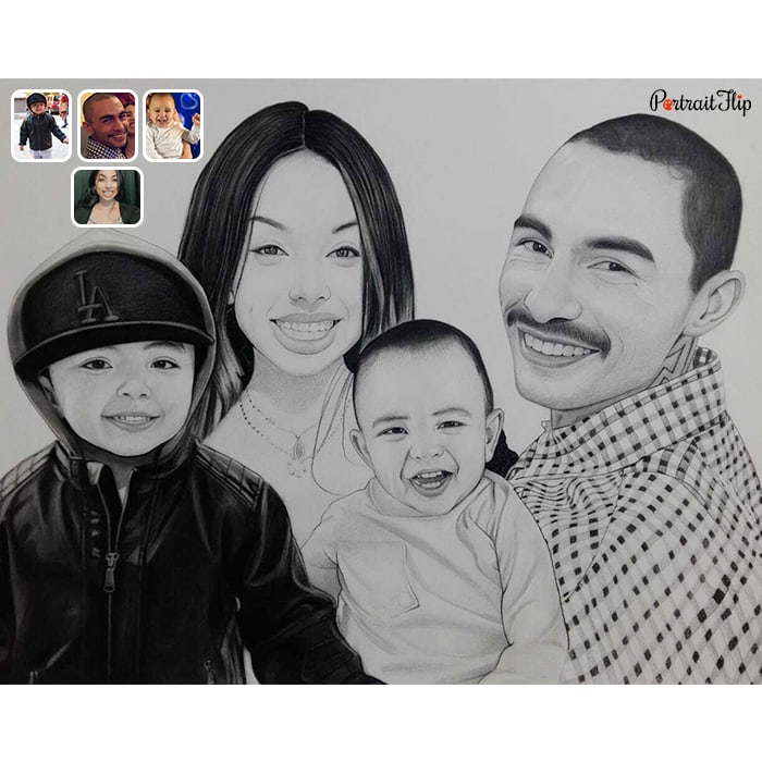 family merged pencil sketch