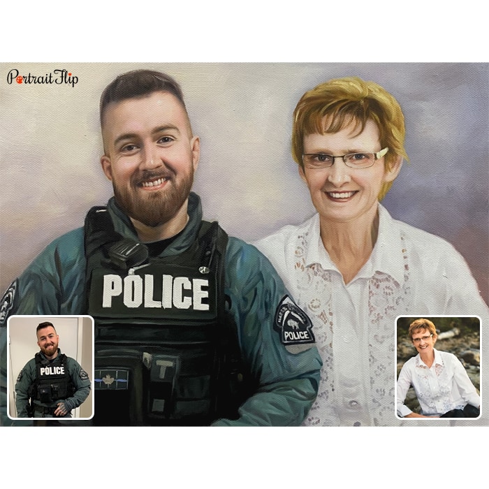 mom with policeman son oil painting