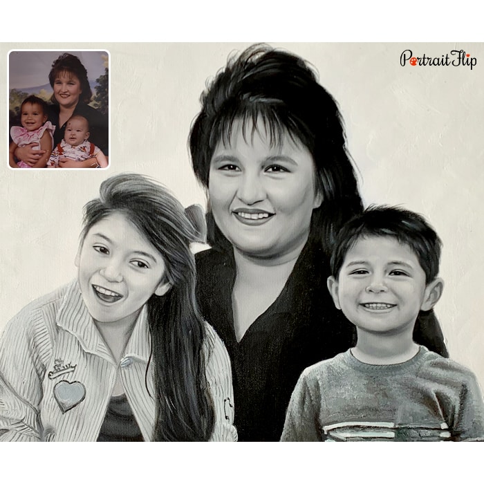 grand ma and kids charcoal portrait