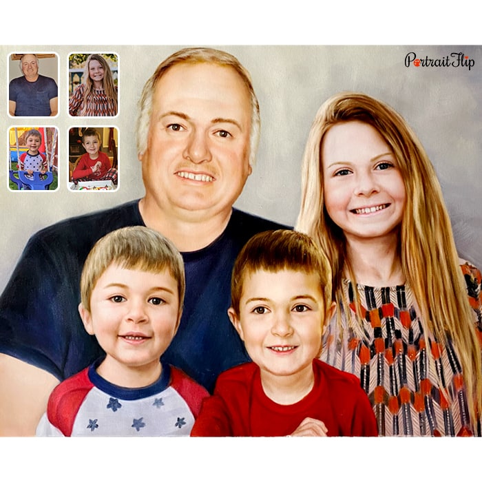 grandpa with 3 grandkids oil painting