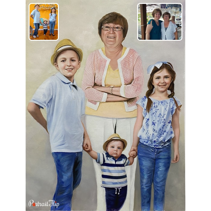 three kids with grandma oil painting