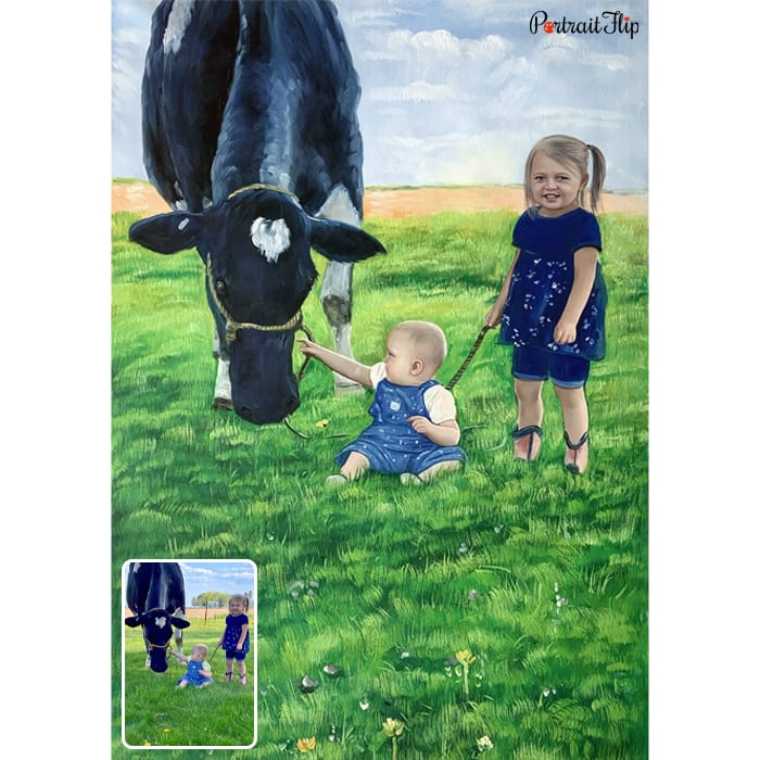 kids and cow oil portrait