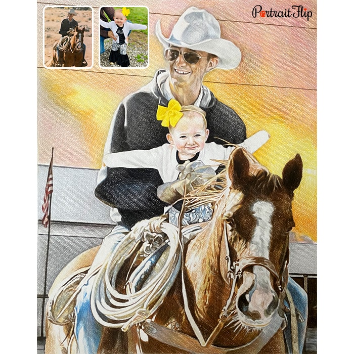 man and his daughter on horse colored pencil portrait
