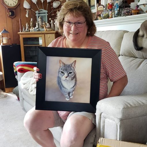 happy customer with cat portrait