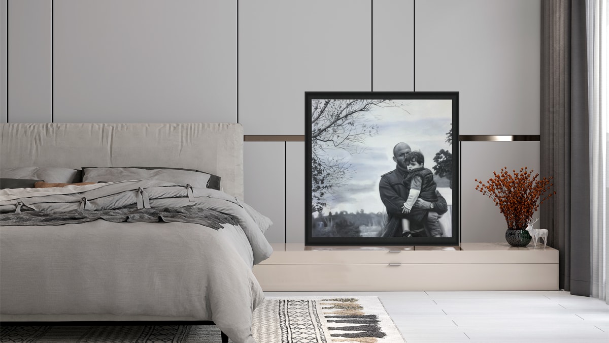A painting beside a bed: bedroom decor