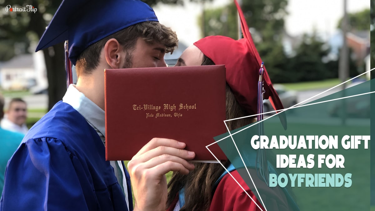 A guy and girl kissing with an envelope in their hands with blue and red mortarboard hats. The text reads graduation gift ideas for boyfriends.