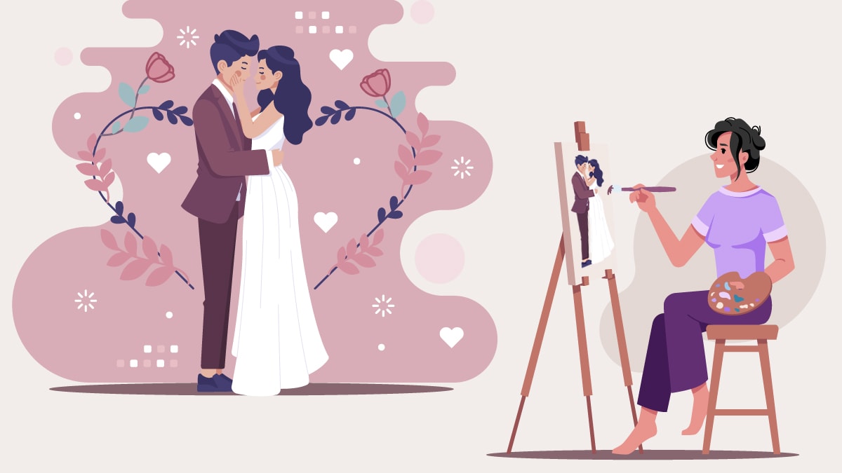 a vector image of a live wedding portrait artist painting a live wedding. 