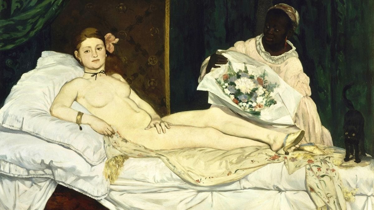 A nude painting of a women lying on the bed, looking at viewers. 
Known as Olympia, made by Edouard Manet.
