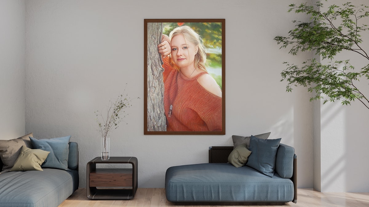 A beautiful interior with a personalized custom painting from PortraitFlip of a girl leaning against a tree. A graduation gift idea for her.