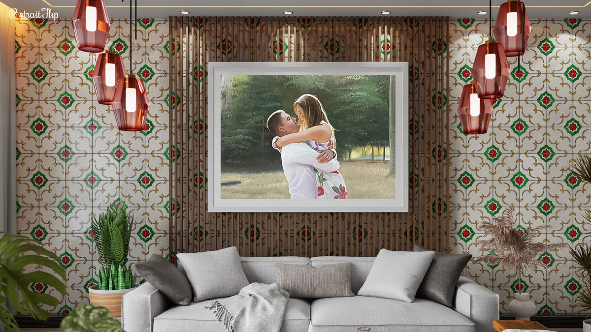 A beautiful interior of a hall that has a portrait of a couple from PortraitFlip hanging on the wall.