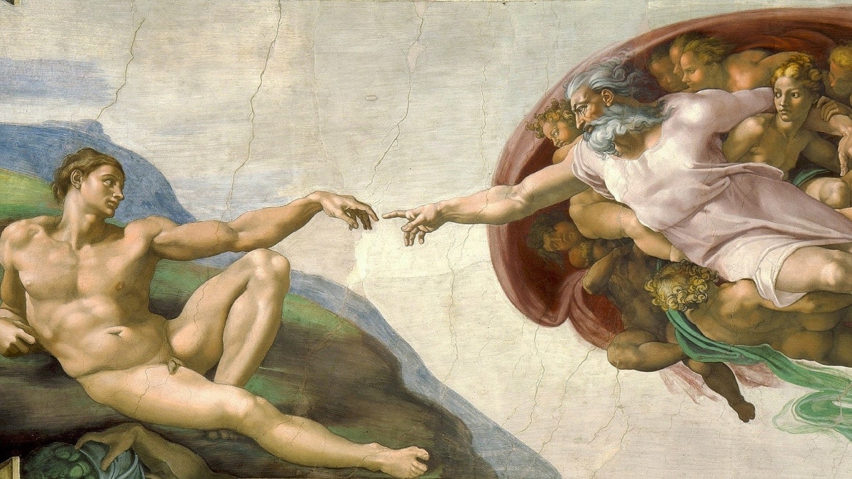 Creation of Adam by Michelangelo, depicts god giving life to Adam.

