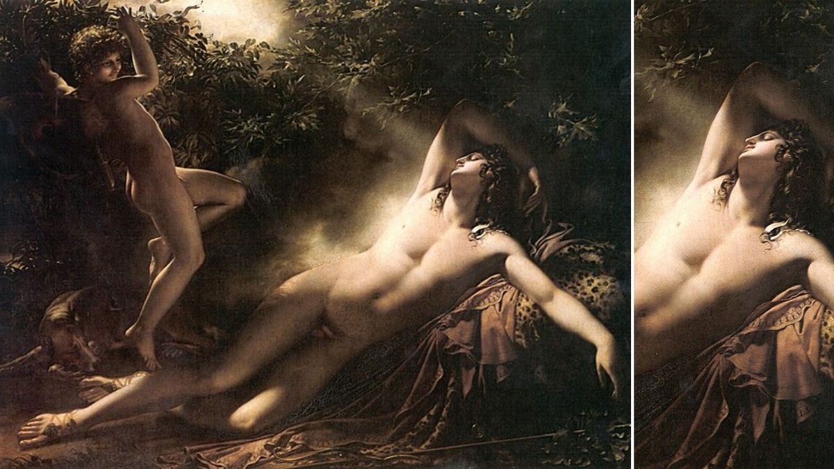 The Sleep of Endymion by Anne-Louis Girodet is a nude painting depicts a naked man sleeping in the moon light, 