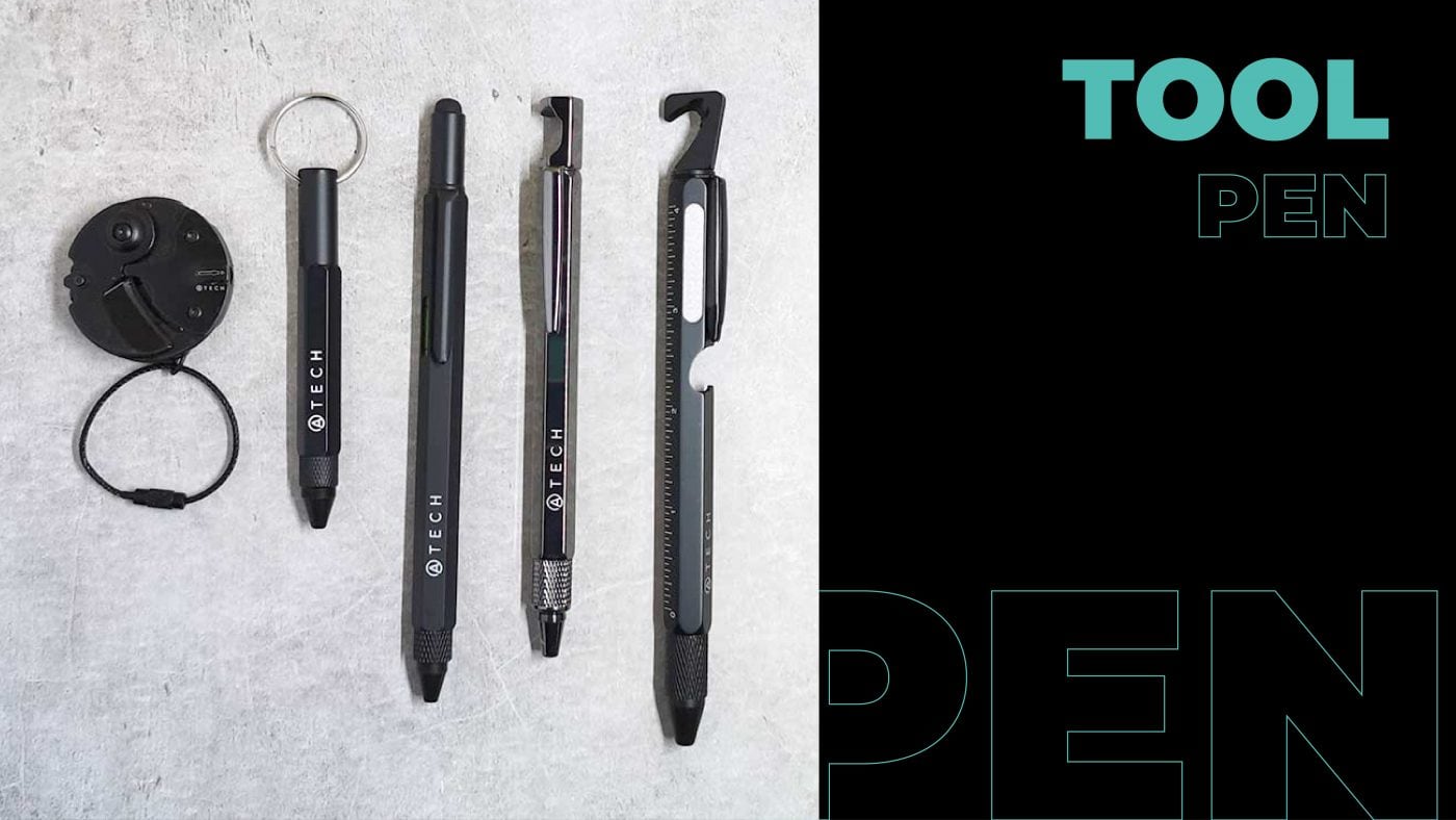 Tool pen set with different tools laid side by side on a white background.
